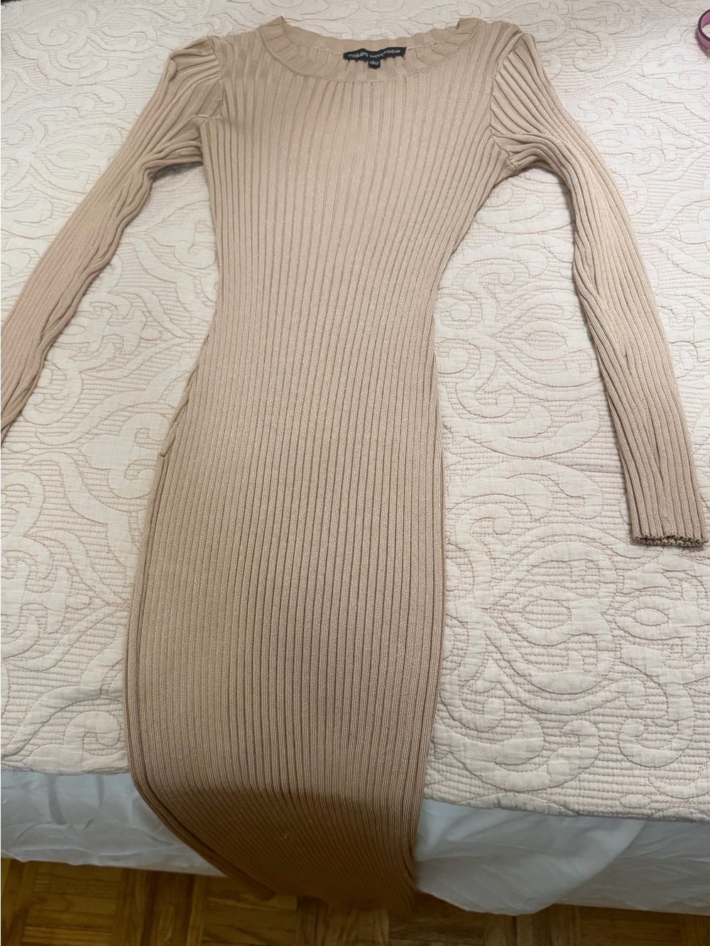 naked wardrobe Beige Ribbed Long Sleeve Bodycon Dress